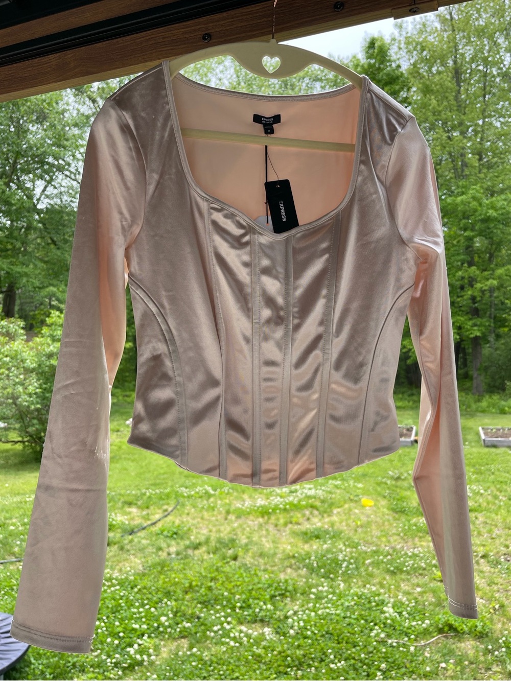 NWT with flaws* Express Champagne Satin Corset Long Sleeve Top | M